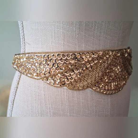 80s "Milor" Gold Sequin & Beaded Cummerbund Belt - Metallic Shades of Gold - Picture 3 of 9